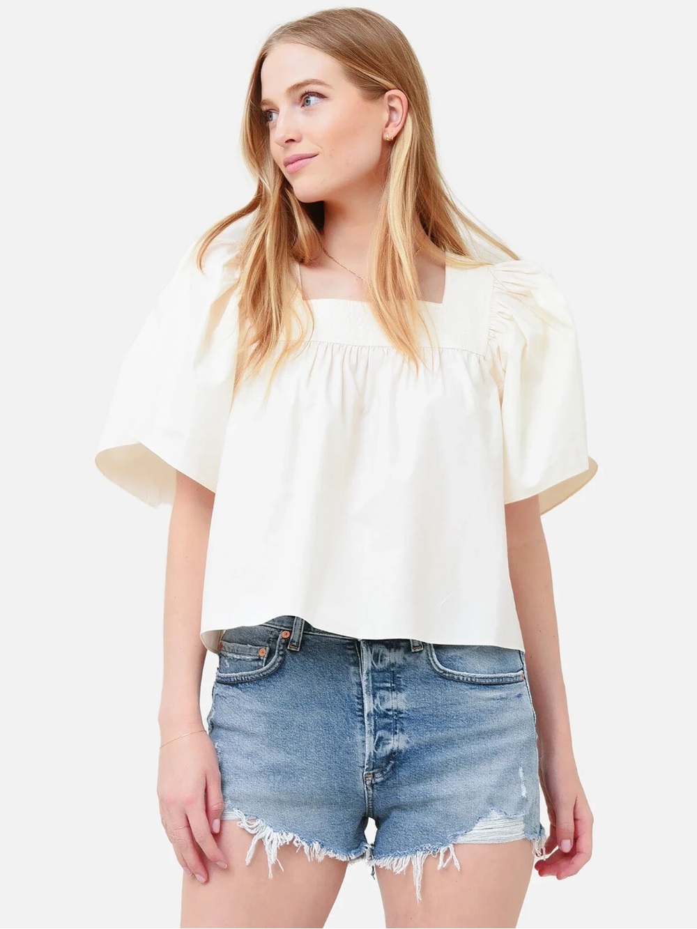 GAP White Linen Blend Square Neck Bell Sleeve Blouse in Large
